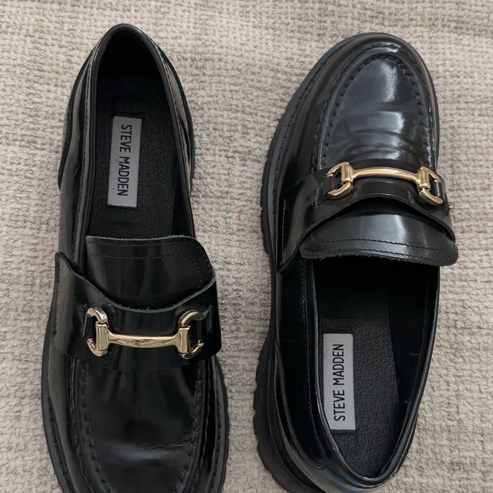 Steve Madden Glossy Black Loafers with Gold Detail